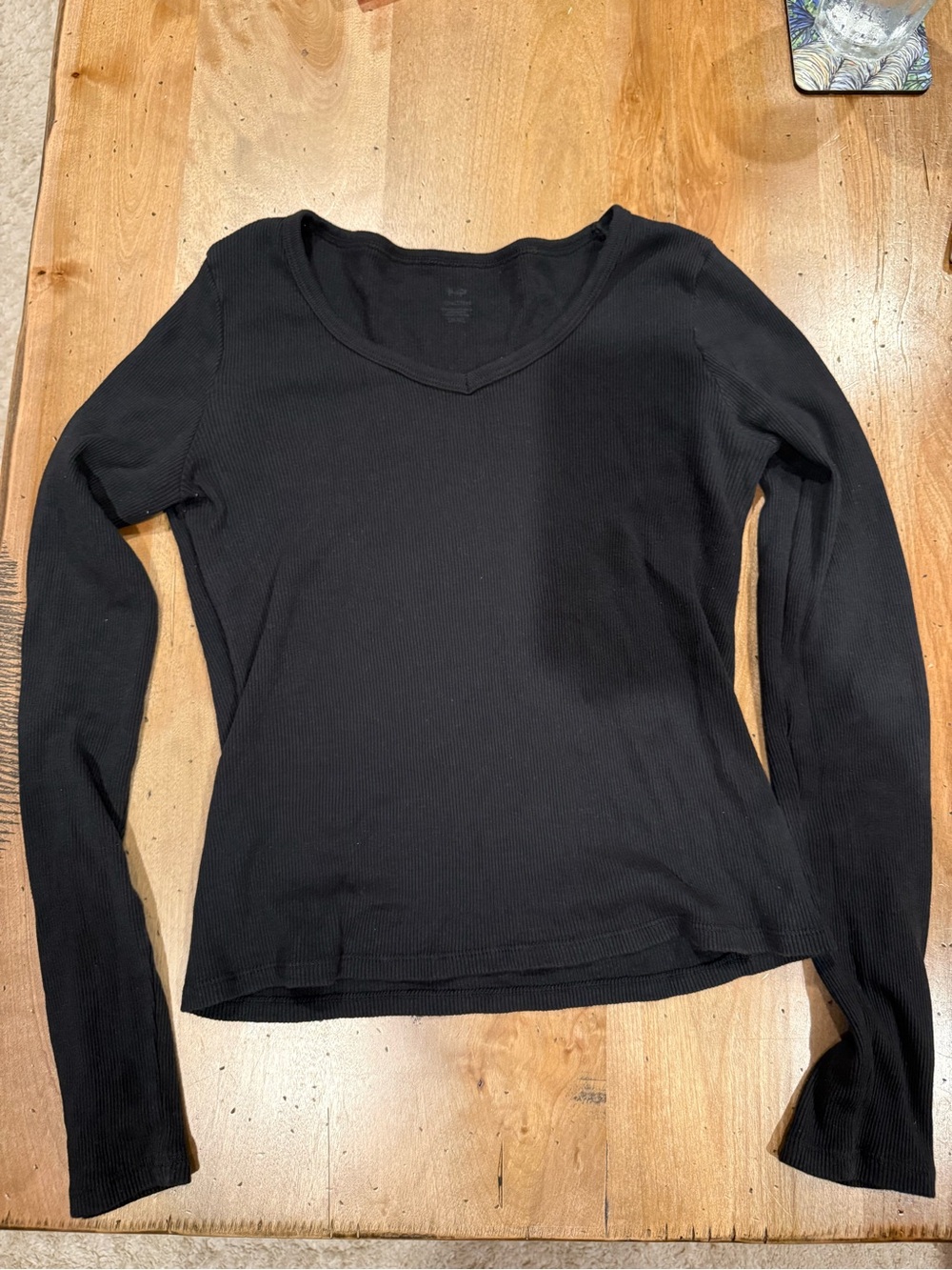 Brandy Melville Black Ribbed V-Neck Long Sleeve Top